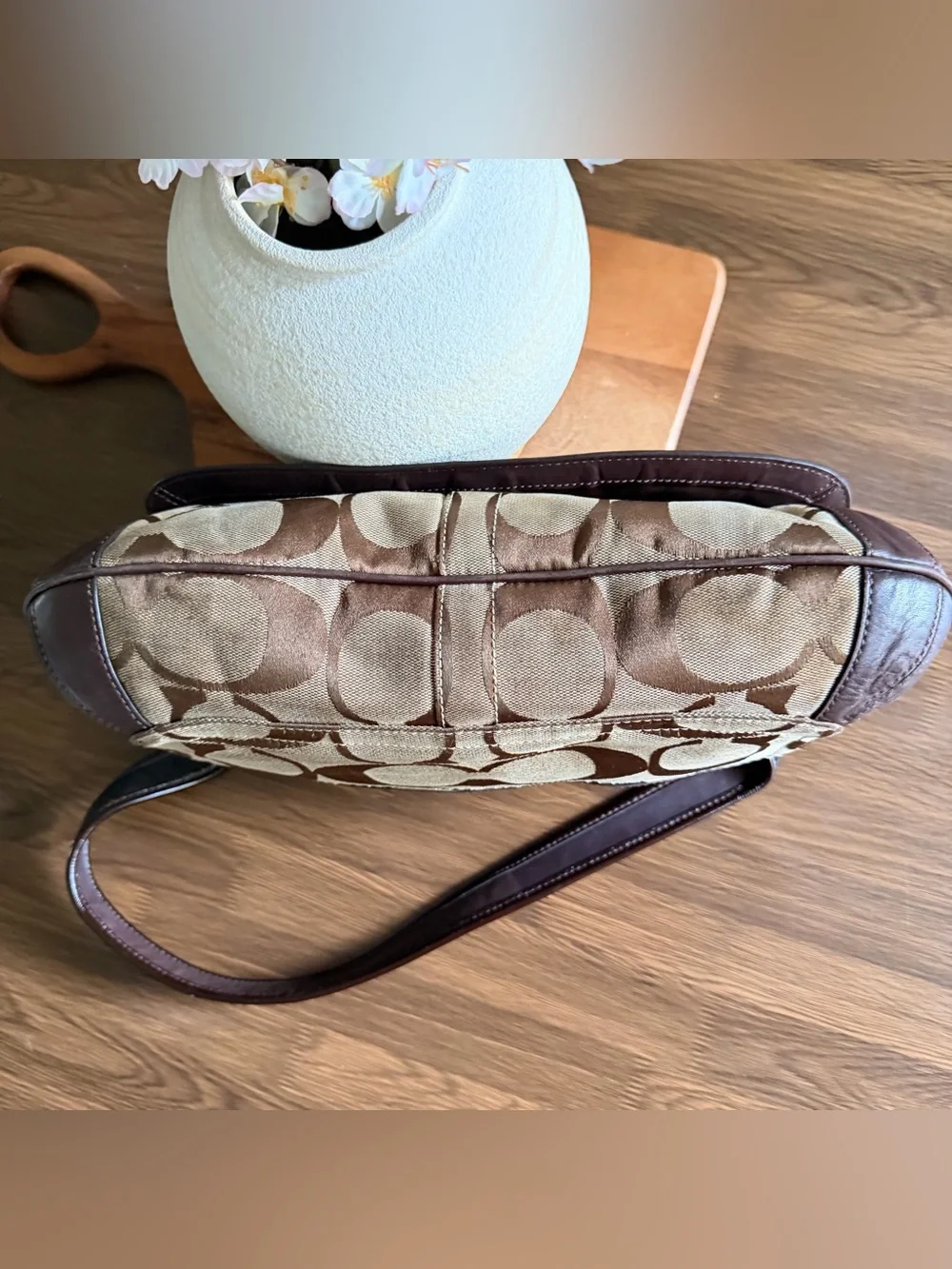 Coach Brown Signature Canvas Shoulder Bag with Gold-Tone Turnlock